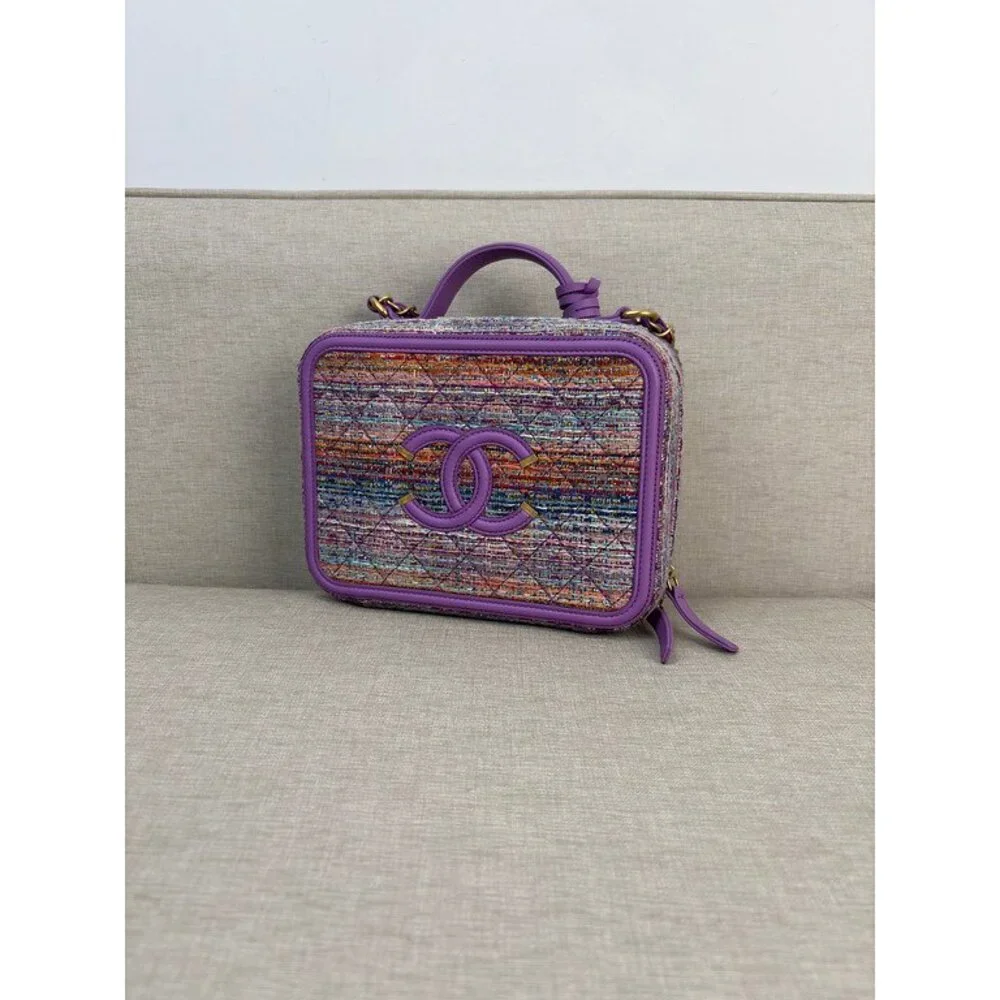 CHANEL Purple Tweed Filigree Vanity Case Medium GHW
